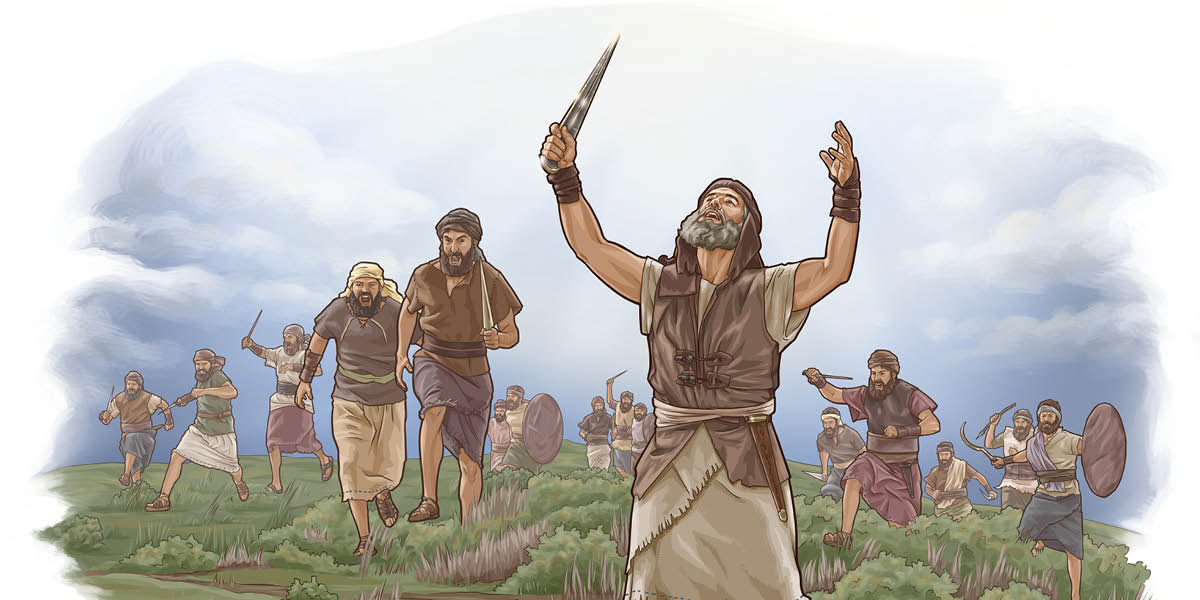 Josué, en medio de los soldados israelitas, le pide a Jehová que detenga el Sol.