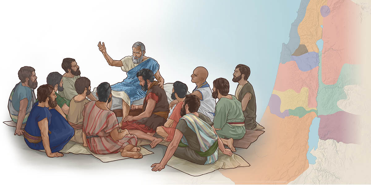 Serie de imágenes: 1. Jacob les da una profecía a sus hijos antes de morir. 2. Un mapa de la Tierra Prometida muestra cómo se dividió la tierra entre las 12 tribus de Israel.
