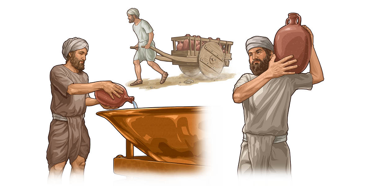 Imágenes de levitas realizando distintas labores. 1. Derramando agua en la fuente de cobre. 2. Llevando una carreta llena de vasijas de barro. 3. Cargando una vasija de barro sobre el hombro.