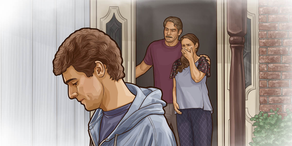 Unos padres llorando en la puerta mientras ven a su hijo adulto, que no se ha arrepentido, irse de la casa.