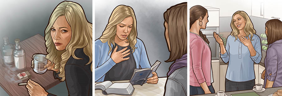 Imágenes de una mujer que decide servir a Jehová. 1. Ella consume alcohol y fuma. 2. Algo que aprende en su clase de la Biblia le llega al corazón. 3. Está muy contenta y habla con sus amigas, que también sirven a Jehová.