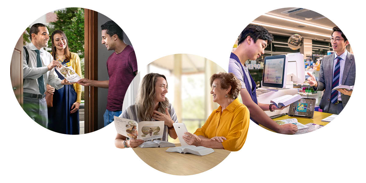 Serie de imágenes: 1. Un matrimonio le ofrece el folleto “Disfrute de la vida” a un joven en su casa. 2. Una hermana le da clases de la Biblia a una mujer con el folleto. 3. Un hermano le da clases de la Biblia a un joven con el libro “Disfrute de la vida” en la tienda en la que trabaja.