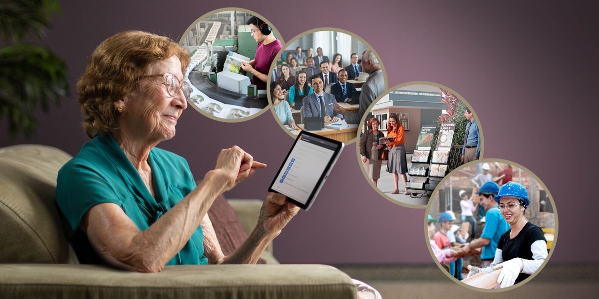 Una hermana mayor usa su tablet para hacer una donación en línea. Imágenes de cómo se usan nuestras donaciones: 1. Impresión de publicaciones en Betel. 2. Escuelas teocráticas. 3. Predicación pública. 4. Proyectos de construcción.
