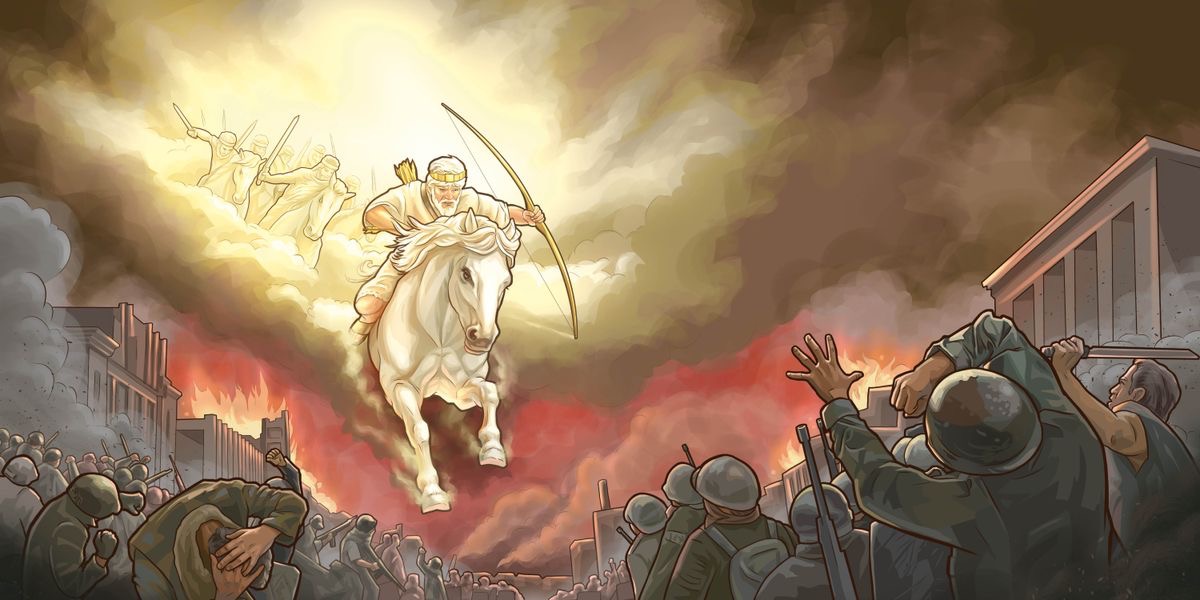 Jesús y su ejército celestial galopan en caballos blancos para destruir a los enemigos de Dios en la Tierra.