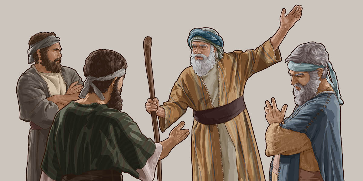El profeta Samuel señalando hacia el cielo mientras habla con unos israelitas.