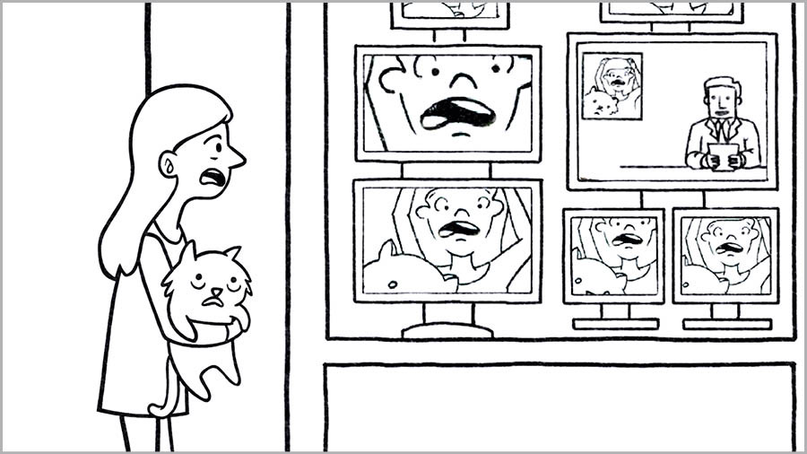 Imagen del video “Si usas las redes, no te enredes”. Una joven está en shock porque está viendo fotos de ella en muchos televisores.