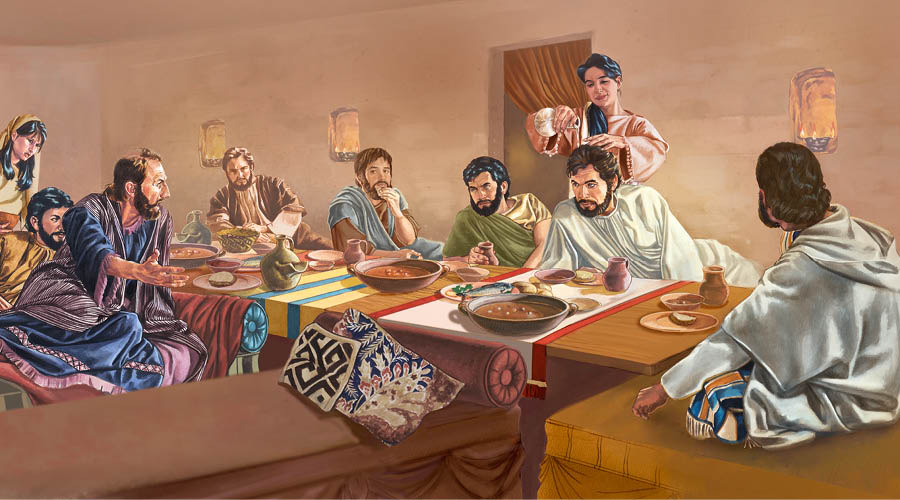 Jesús está sentado comiendo y María derrama aceite perfumado sobre su cabeza.