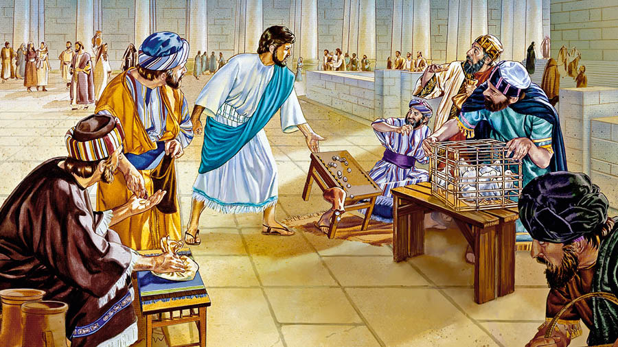 Jesús está en el templo volcando las mesas de los que cambiaban dinero.