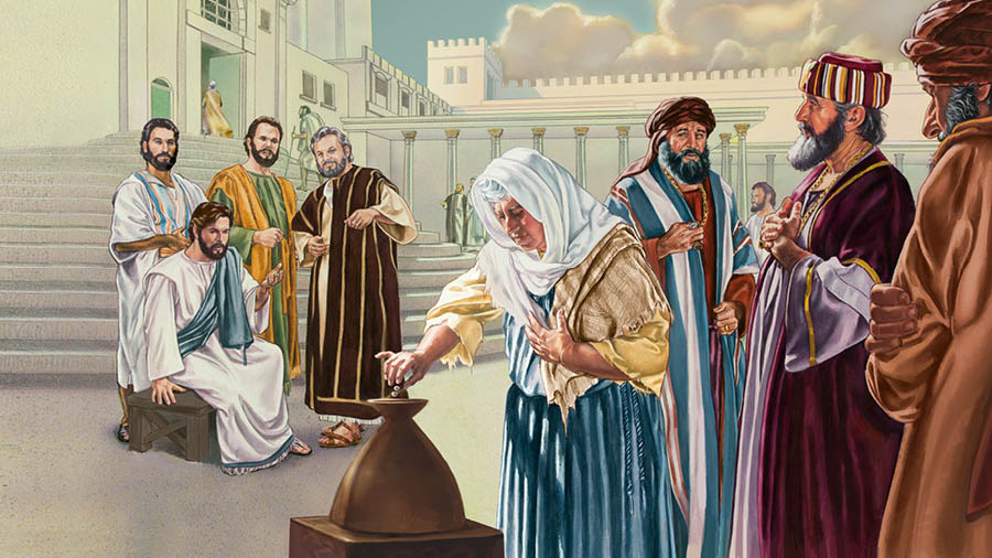 Jesús y sus apóstoles observan a una viuda pobre que echa dos moneditas en las arcas del tesoro del templo.