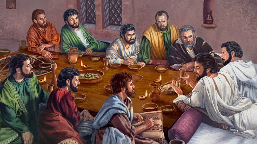 Jesús y sus apóstoles fieles están sentados a la mesa celebrando la Cena del Señor.