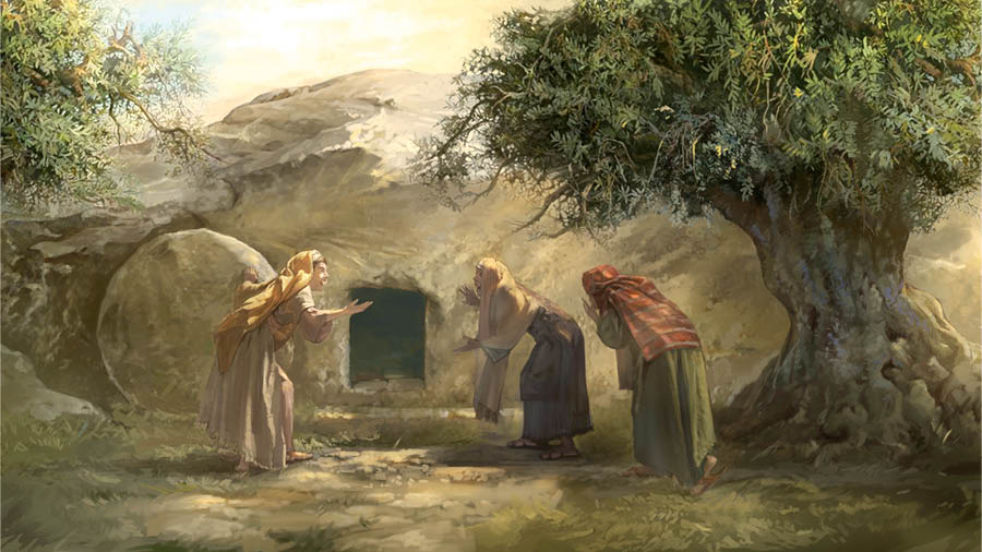 Tres mujeres están sorprendidas porque la tumba de Jesús está vacía.
