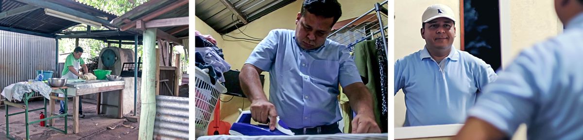 Imágenes del video “Nuestros hermanos tienen paz a pesar de los problemas económicos”. 1. Miguel amasa pan junto a un horno al aire libre. 2. Miguel plancha ropa. 3. Miguel se mira sonriente al espejo mientras se prepara para ir a trabajar a la ferretería.