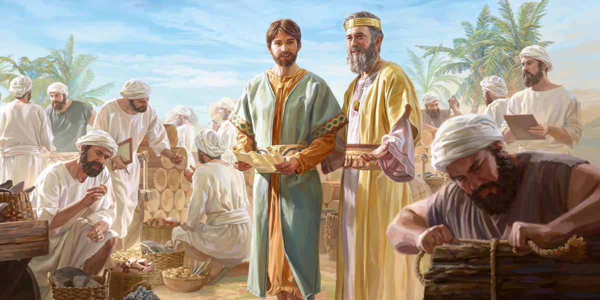 El rey David lleva a Salomón a ver a los artesanos que están preparando los materiales para la construcción del templo.