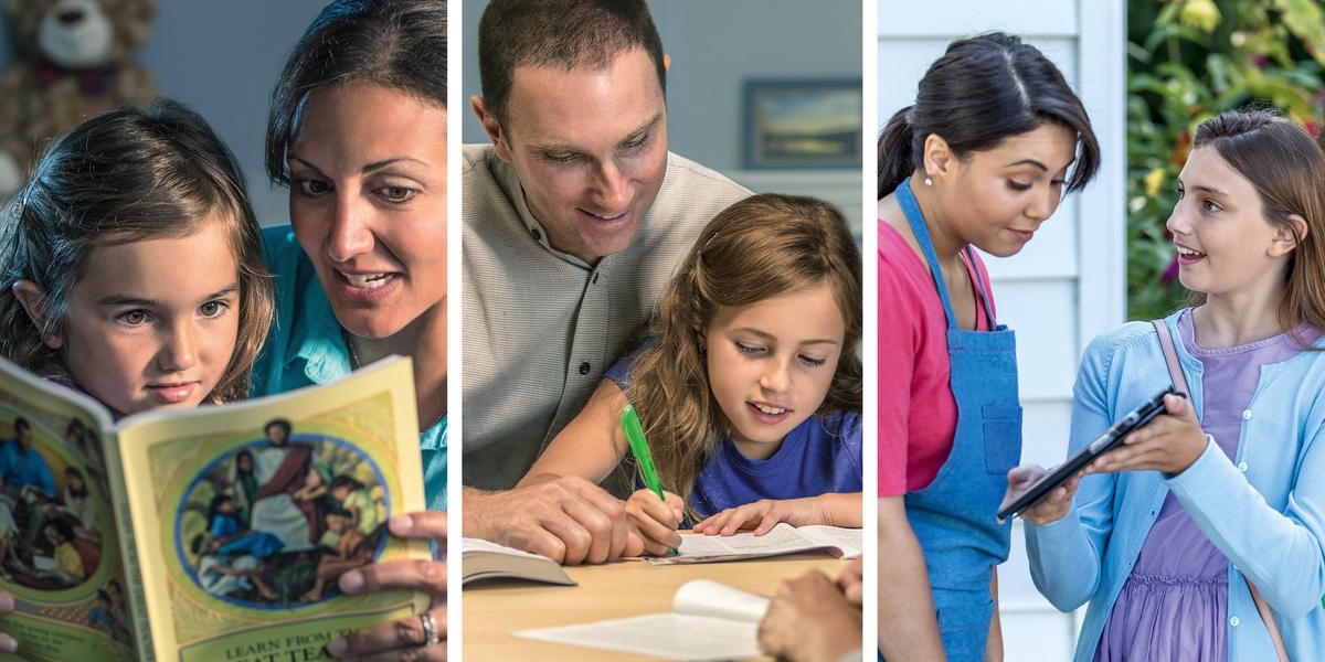 Imágenes de unos padres educando a su hija desde pequeñita: 1. La mamá estudia con su niña el libro “Aprendamos del Gran Maestro”. 2. Unos años más tarde, el padre estudia con su hija un artículo de “La Atalaya”. 3. Años después, la hija predica de casa en casa y habla con una mujer.