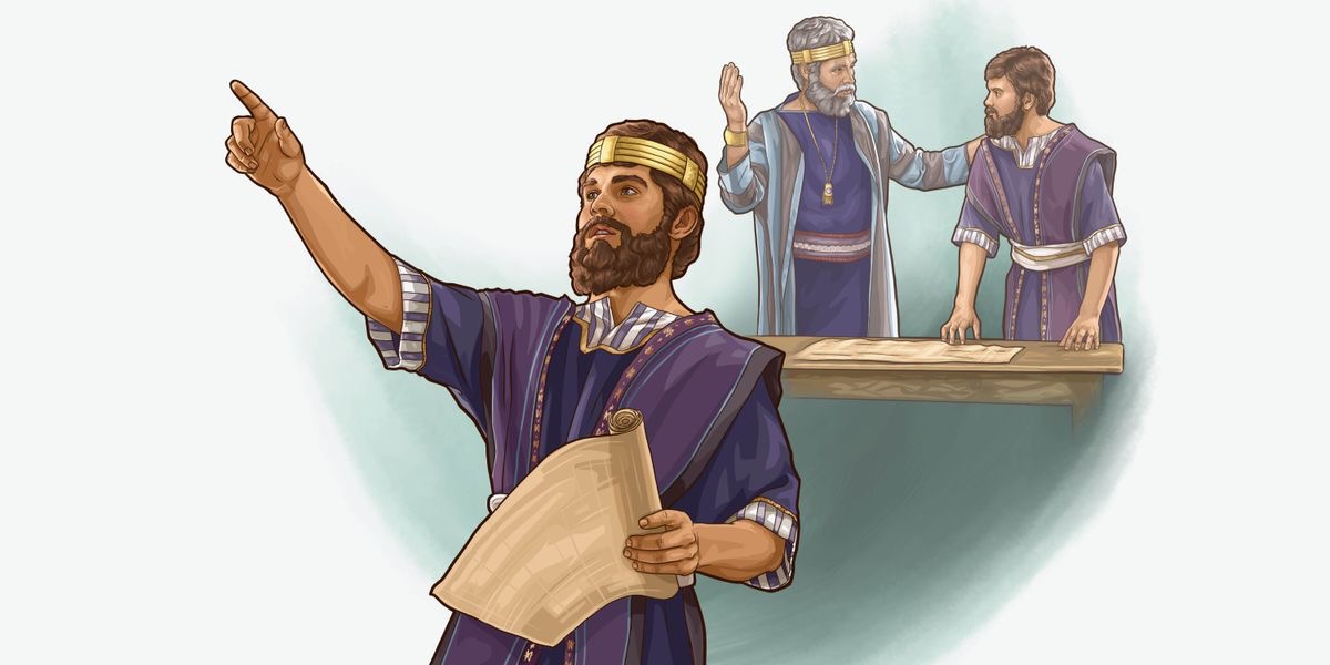 Serie de imágenes: 1. El rey David, ya mayor, habla con Salomón sobre los planos para la construcción del templo. 2. El rey Salomón está dando instrucciones durante la construcción del templo.