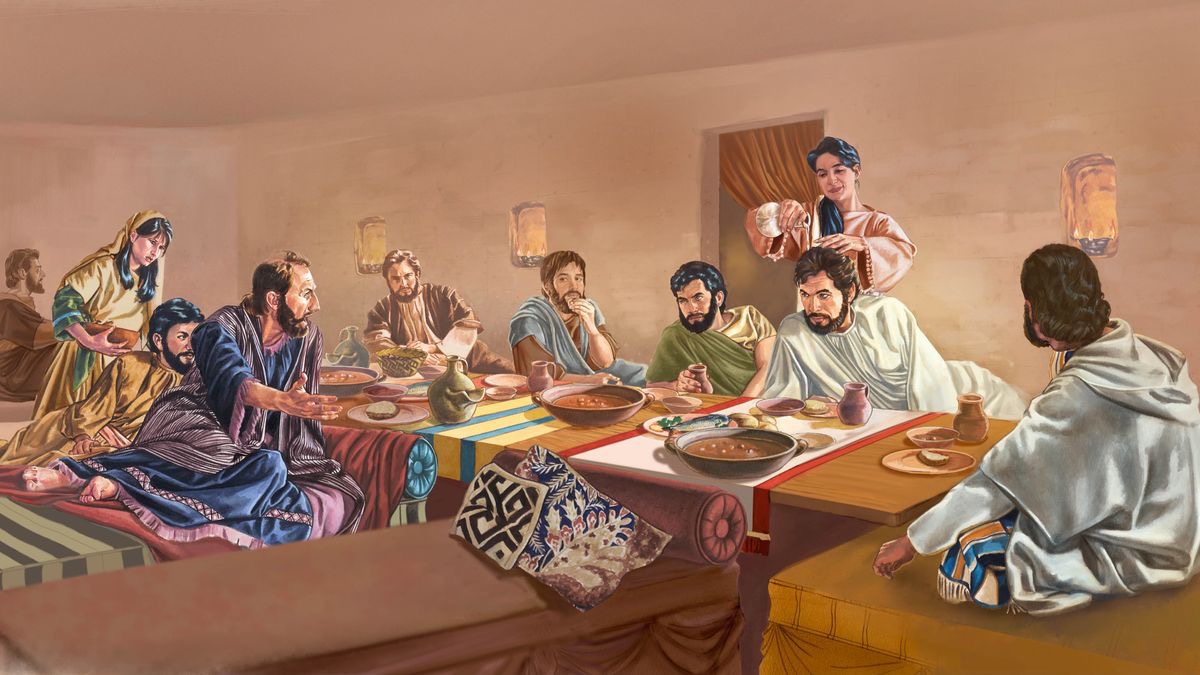 Mientras Jesús está comiendo, María derrama aceite perfumado sobre la cabeza de él.