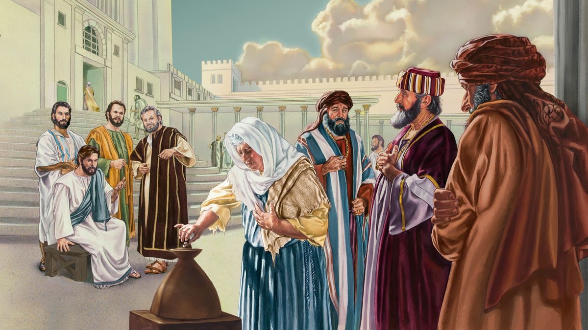 Jesús y sus apóstoles observan a una viuda pobre echando dos moneditas en las arcas del templo.