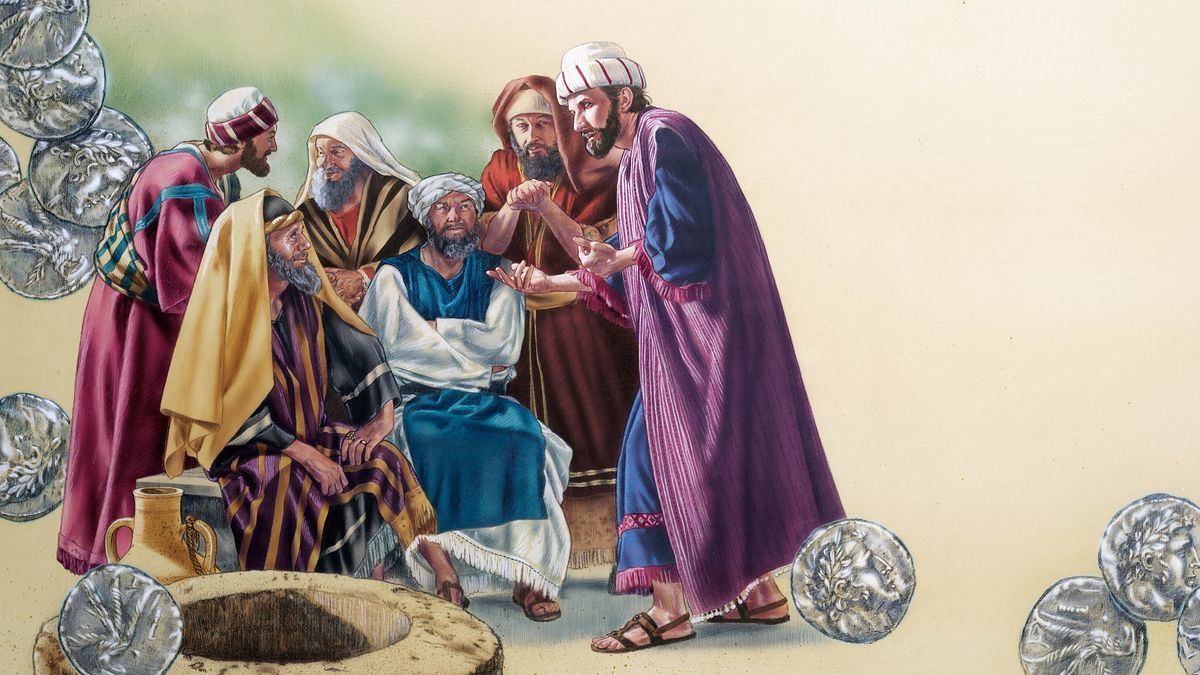 Judas Iscariote conspira con los líderes religiosos. En el fondo de la imagen se ven monedas de plata.