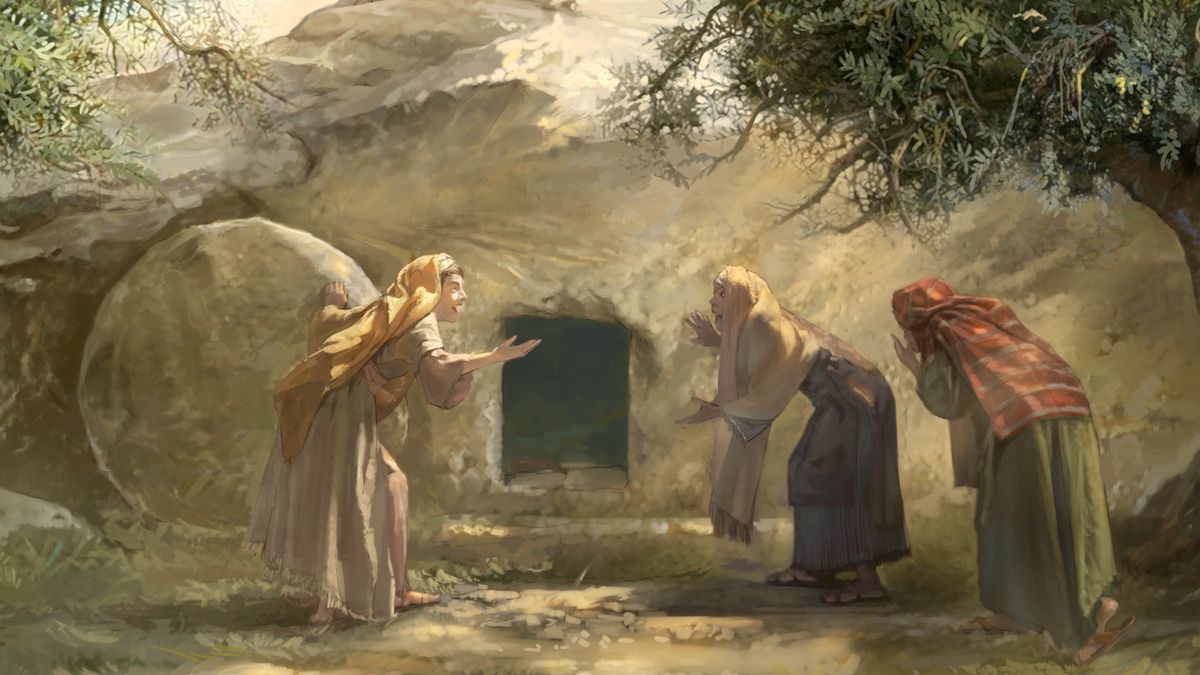 Tres mujeres miran dentro de la tumba de Jesús.