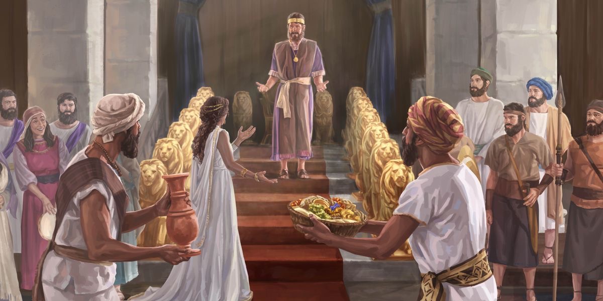 La reina de Saba le lleva regalos al rey Salomón. Él la recibe de pie en la escalera que lleva a su trono, mientras abajo hay varios cantores y guardias.