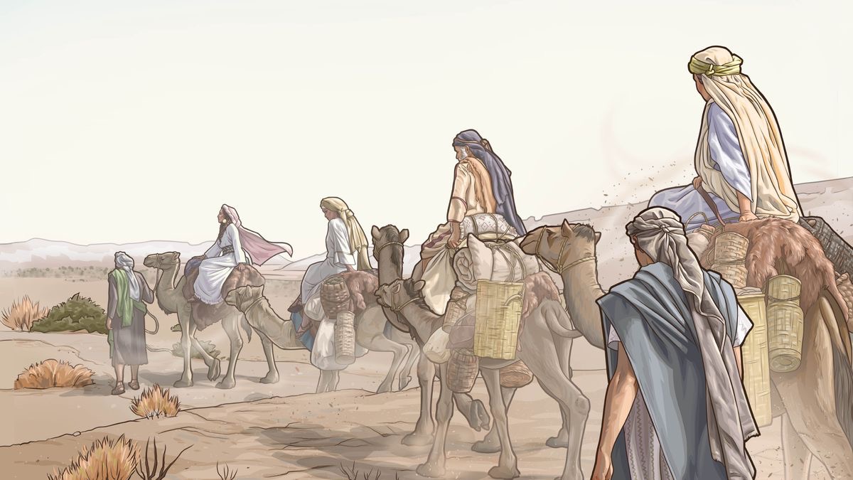 La reina de Saba con su séquito y sus camellos viajando para ver al rey Salomón.
