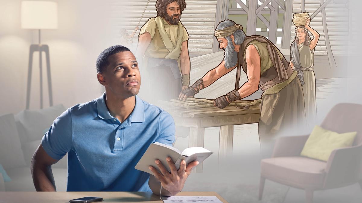 Un hermano medita en lo que está leyendo en la Biblia. Se imagina a Noé y a su familia construyendo el arca.