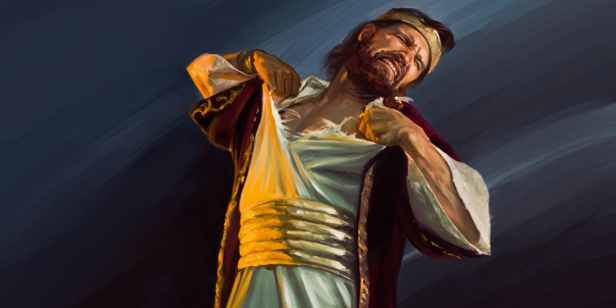 El rey Josías se rasga la ropa para mostrar su dolor.