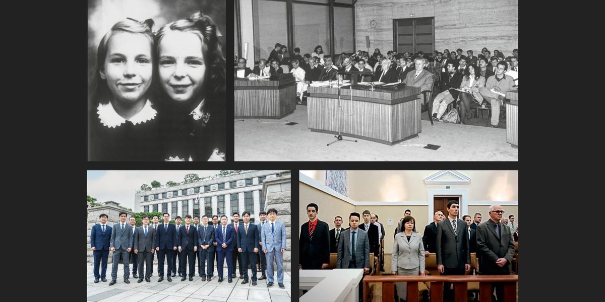 Serie de imágenes: 1. Gathie y Marie Barnett. 2. El hermano Kokkinakis y otros en el Tribunal Europeo de Derechos Humanos. 3. Testigos de Jehová en el Tribunal Regional de Rostov en Rusia. 4. Un grupo de hermanos delante del edificio del Tribunal Constitucional de Corea del Sur.