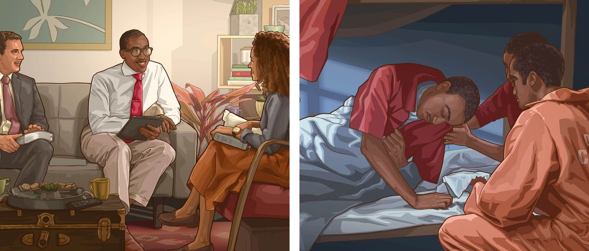 Imágenes basadas en el video “Analicemos con interés los actos de amor leal de Jehová”. 1. Ben y otro hermano visitan a una hermana. 2. Ben está preso junto con otros Testigos y le da comida a un hermano que está enfermo en cama.