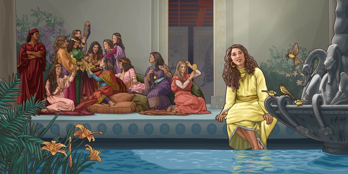 Ester sentada lejos del resto de las jóvenes. Ester se fija en unos pajaritos que están en la fuente mientras las otras jóvenes solo se preocupan por ponerse bonitas. Un guardia las vigila a todas.