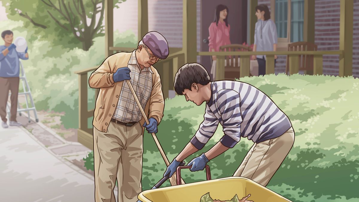 Imagen del video “Hagamos el bien a nuestros hermanos”. Hermanos y hermanas ayudan al hermano Ho-jin Kang a hacer tareas de mantenimiento en el exterior de su casa.