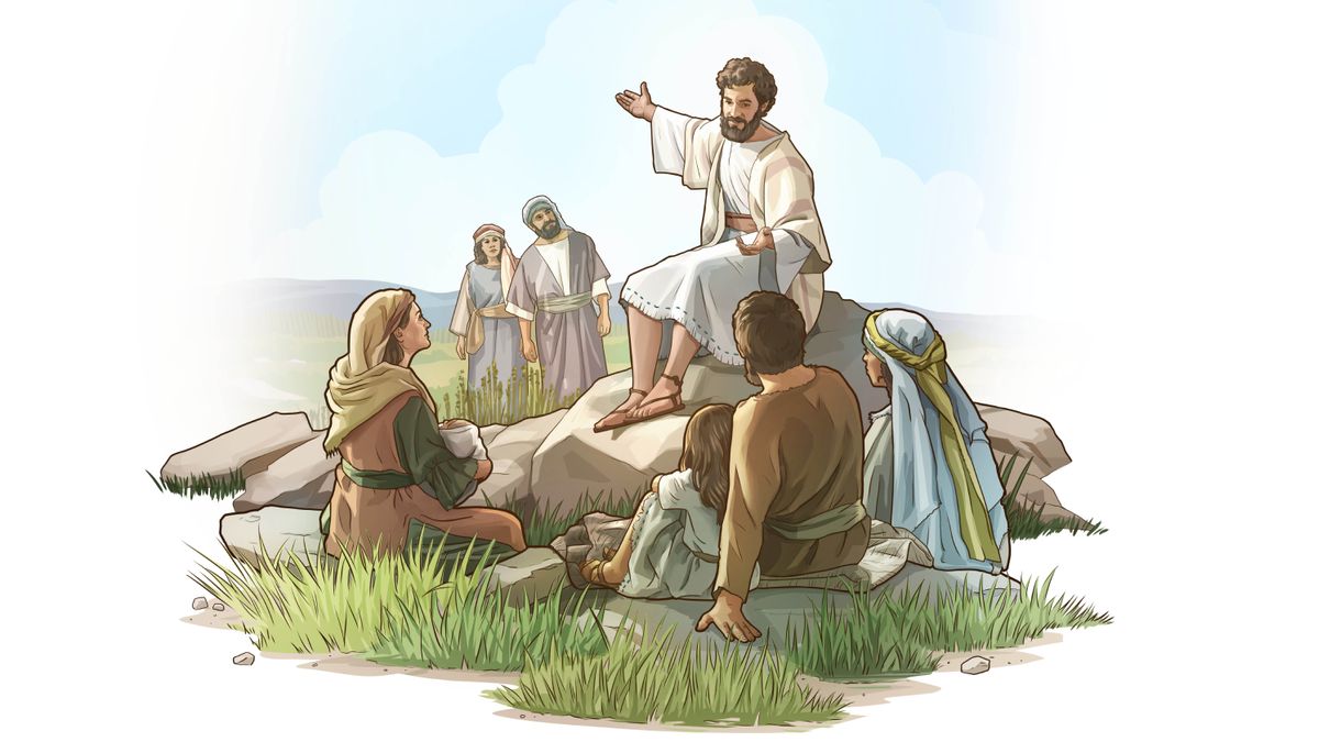 Jesús le enseña a un grupo de personas al aire libre.
