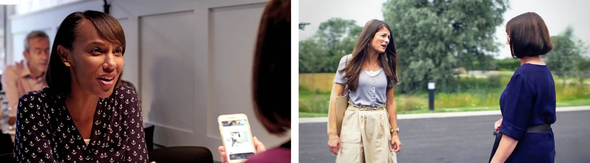 Imágenes del video “Evitemos las cosas que destruyen la paz” (fragmento). 1. Emily y Celia sentadas una frente a otra en una cafetería. Celia mira en su teléfono lo que ha puesto Clara en las redes sociales. 2. Clara le habla con ira a Celia en el estacionamiento del Salón del Reino.