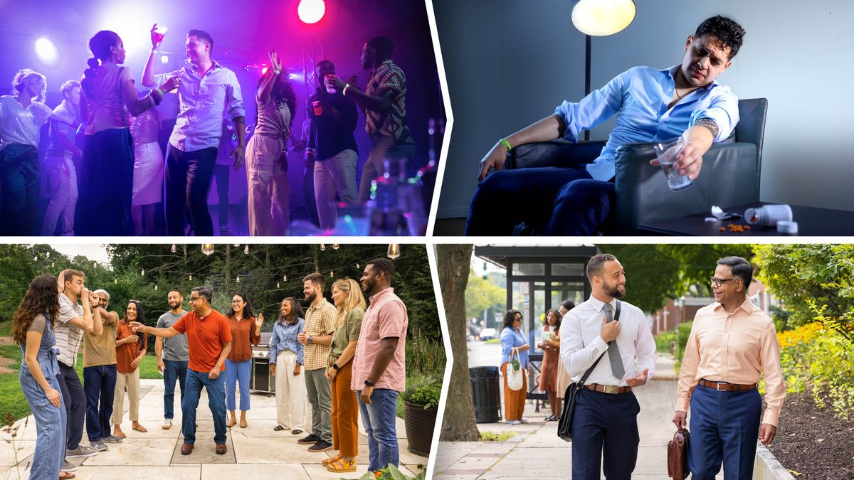 Imágenes que comparan las malas decisiones de un hombre que no es Testigo con las buenas decisiones de algunos Testigos: 1. Un hombre baila en una discoteca con una bebida en la mano. 2. Luego siente náuseas, y tiene que tomar medicinas. 3. Por la tarde, hermanos y hermanas disfrutan de una reunión social al aire libre. Cantan, bailan y comen con los demás. 4. Al día siguiente, van a predicar juntos.