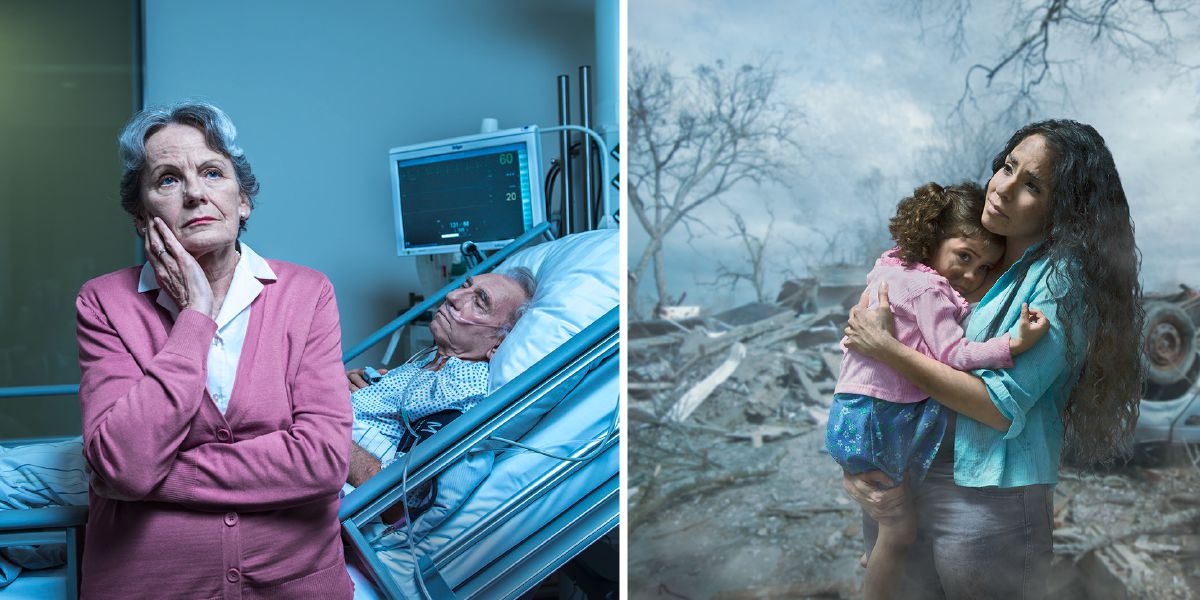 1. Una hermana preocupada está junto a la cama de su esposo en el hospital; 2. una hermana sujeta a su hija tras el paso de una tormenta que ha destrozado su casa