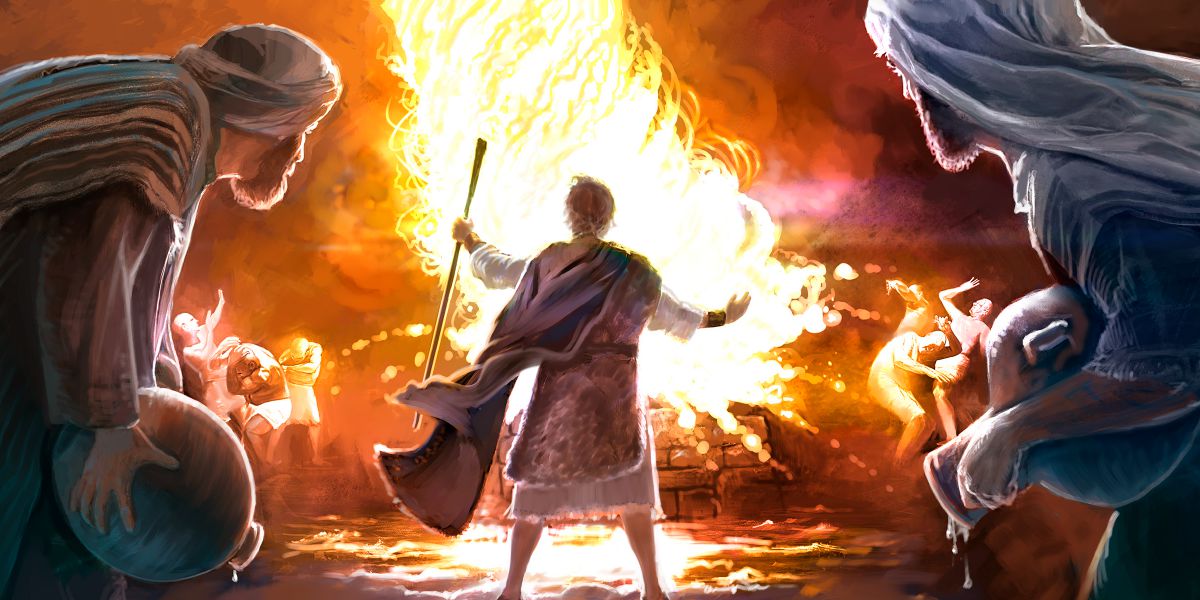 Fuego procedente de Jehová consume la ofrenda quemada de Elías