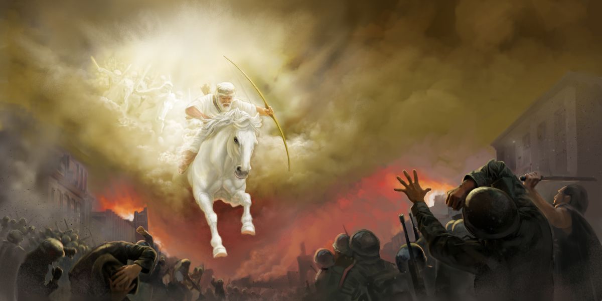 Jesús en un caballo blanco; los ejércitos de los cielos lo siguen