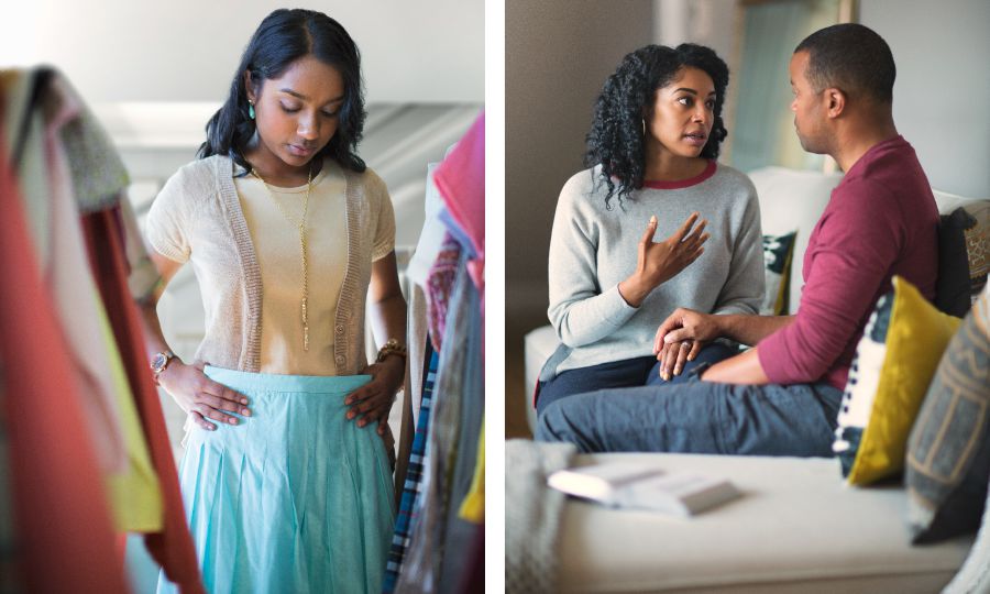 Una hermana joven escogiendo ropa; un matrimonio conversando