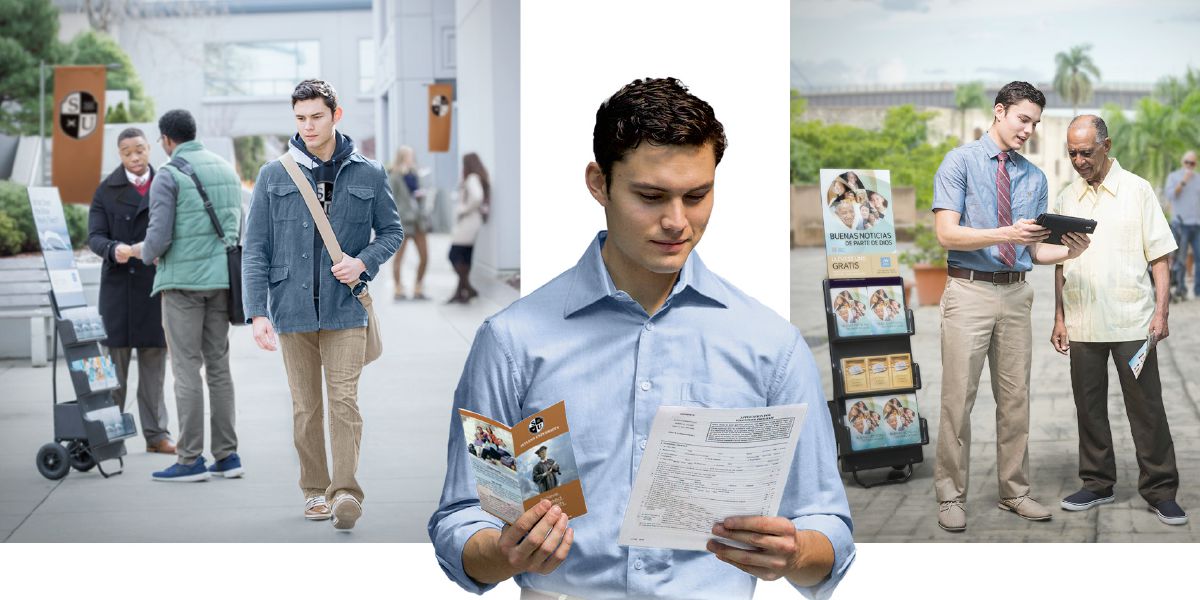 Un joven cristiano tiene en una mano una solicitud para el servicio de tiempo completo y en la otra un folleto informativo de una universidad