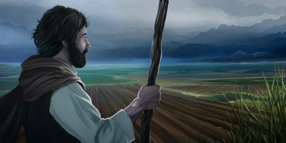 Un agricultor de tiempos bíblicos mirando a los campos