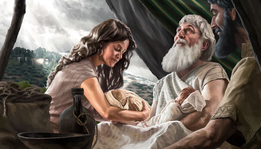 Abrahán con Isaac, Rebeca y sus nietos, Esaú y Jacob