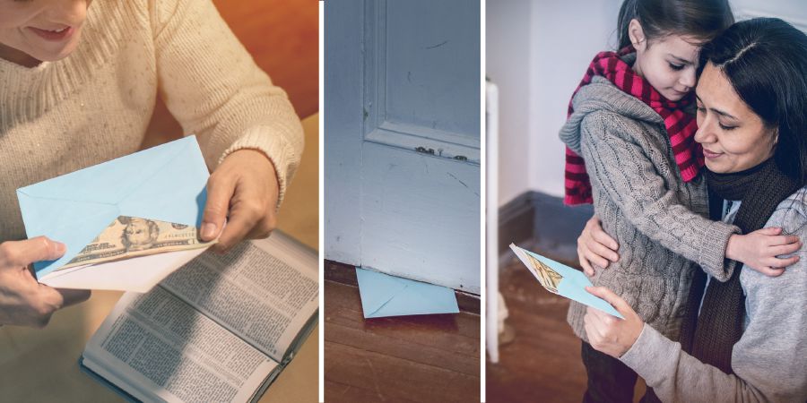 Una hermana mete dinero en un sobre y se lo hace llegar a una hermana que necesita ayuda