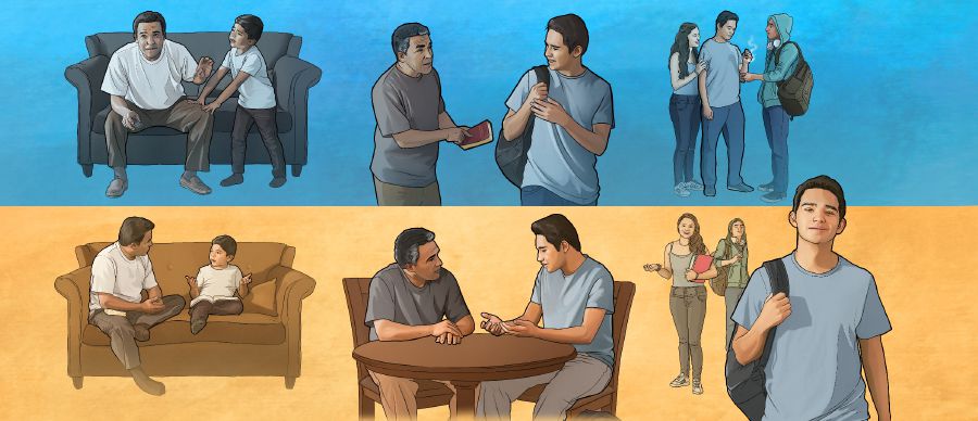 Un padre no se esfuerza por ayudar a su hijo y la fe de este se debilita; un padre se esfuerza por ayudar a su hijo y este logra resistir la presión de grupo