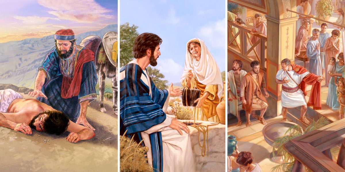 El buen samaritano se acerca a un viajero judío herido; Jesús habla con una samaritana junto a un pozo; Pedro entra en la casa de Cornelio