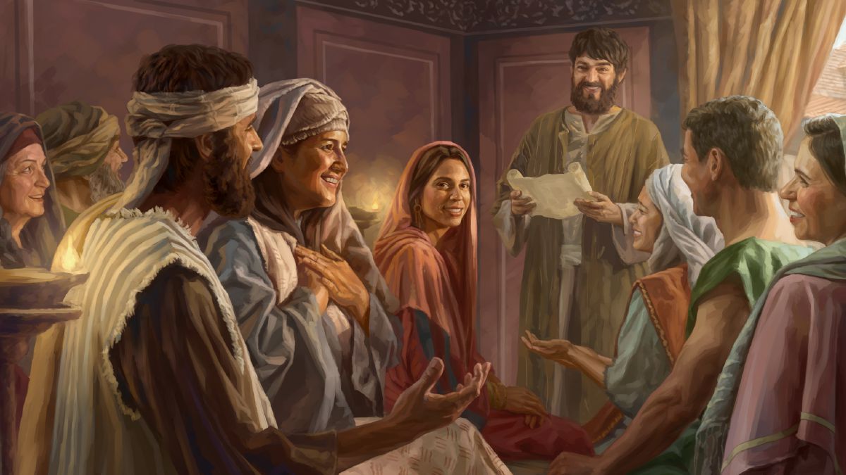 Los cristianos de la congregación de Roma escuchan la lectura de la carta que Pablo les escribió, y varios se alegran cuando oyen sus nombres