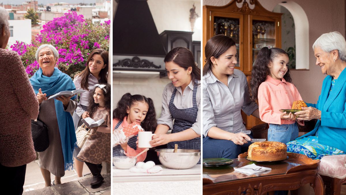 Una madre y su hija predican con una hermana mayor; más tarde, preparan un pastel y se lo llevan a la hermana