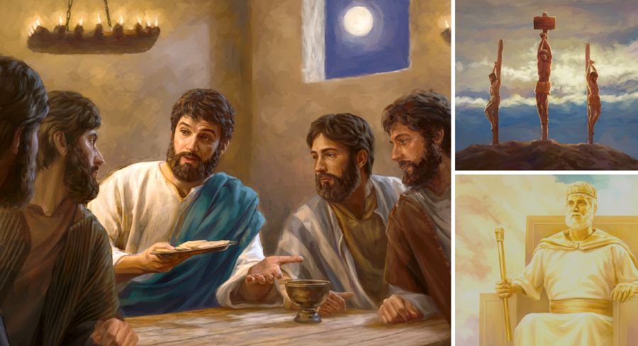 Jesús pasa el pan en la Cena del Señor, ofrece su vida en sacrificio y gobierna en el cielo