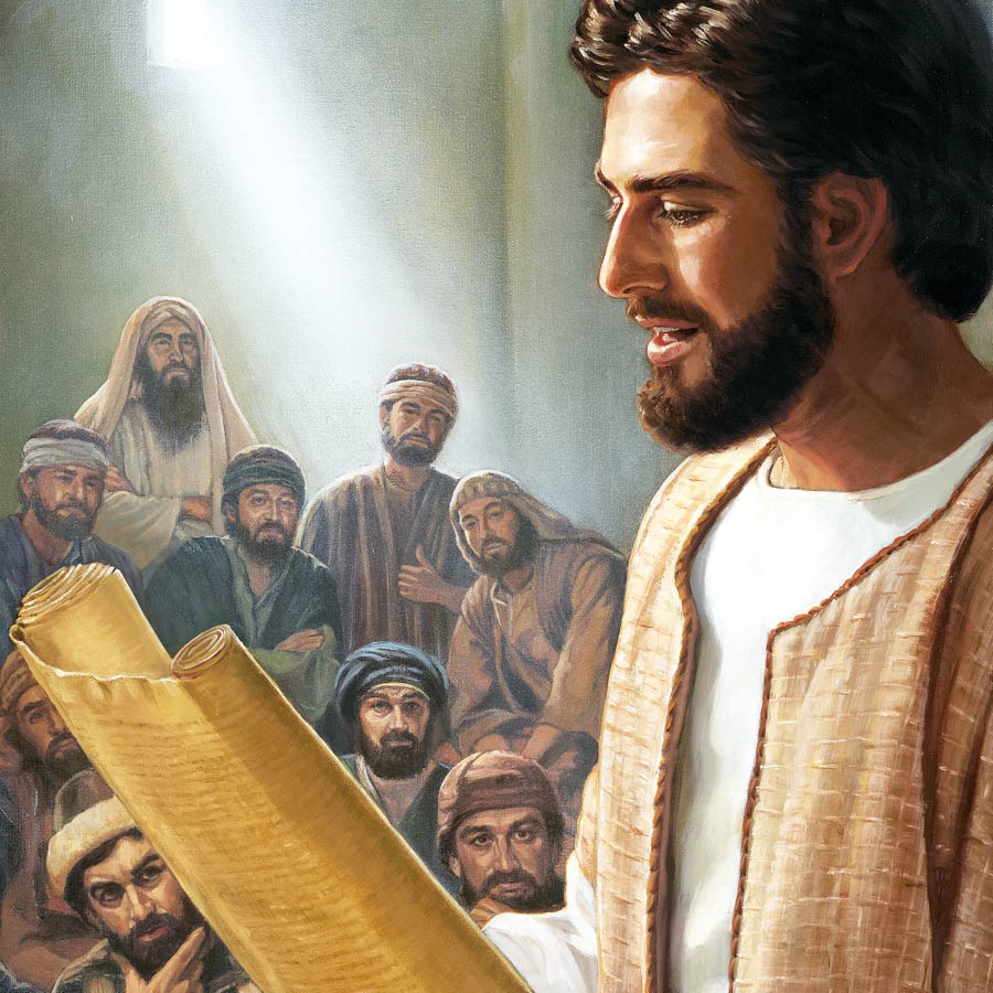 Jesús lee un rollo en la sinagoga de Nazaret