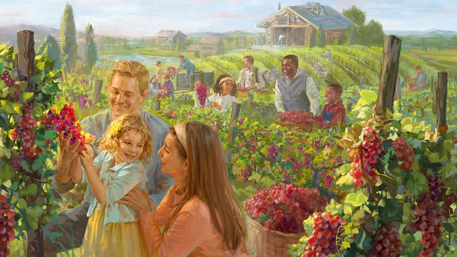Familias felices de distintas razas cosechan uvas en el nuevo mundo