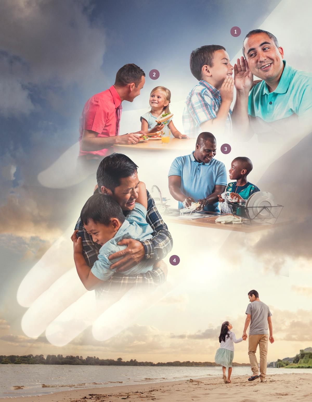 Serie de imágenes: la mano de Jehová detrás de las fotos representa cómo nos cuida. 1. Un padre escucha con atención a su hijito. 2. Un padre come con su niña. 3. Un padre y su hijo lavan juntos los platos. 4. Un padre abraza a su hijito. 5. Un padre camina por la playa con su hija y la lleva de la mano.